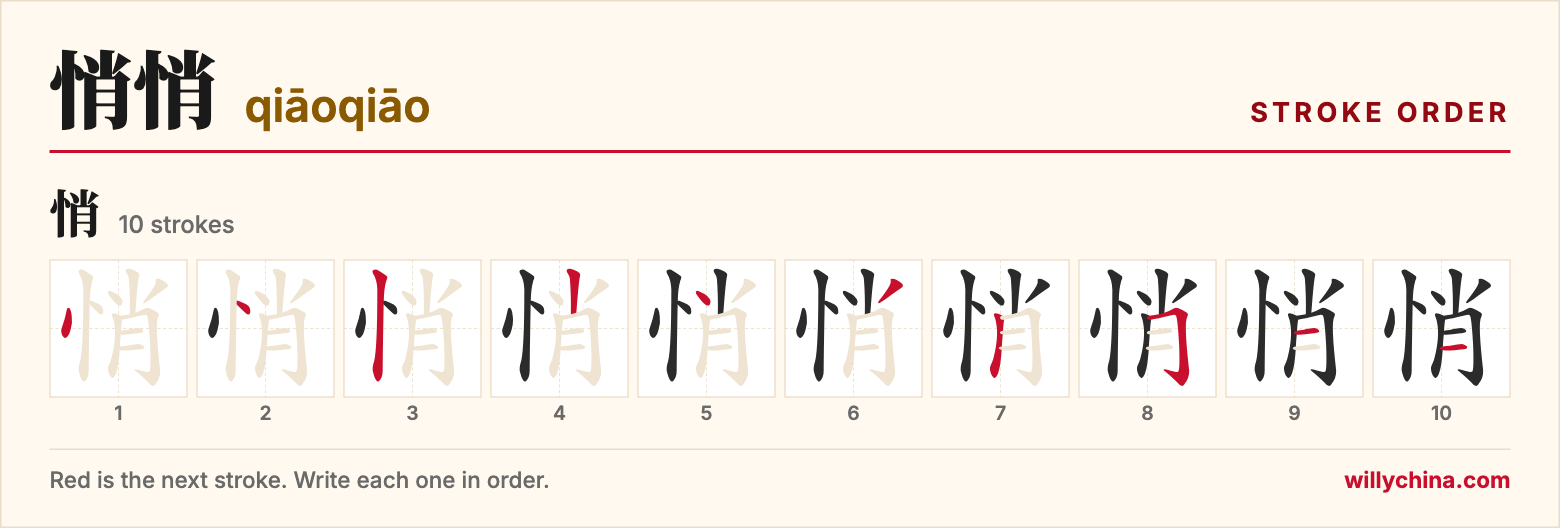 悄悄 (qiāoqiāo) stroke order chart: each stroke of the character in the order you write it
