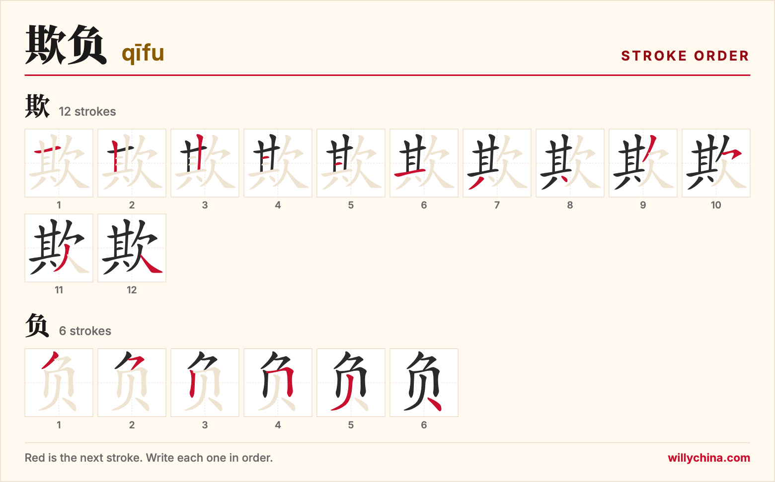 欺负 (qīfu) stroke order chart: each stroke of the characters in the order you write them