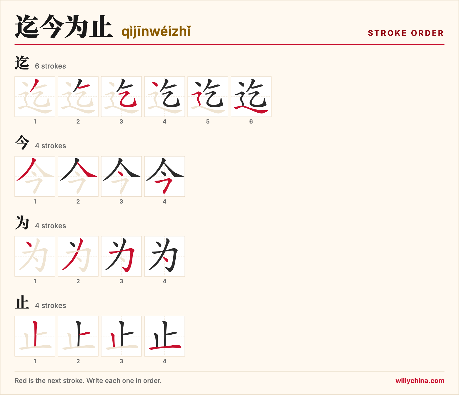 迄今为止 (qìjīnwéizhǐ) stroke order chart: each stroke of the characters in the order you write them