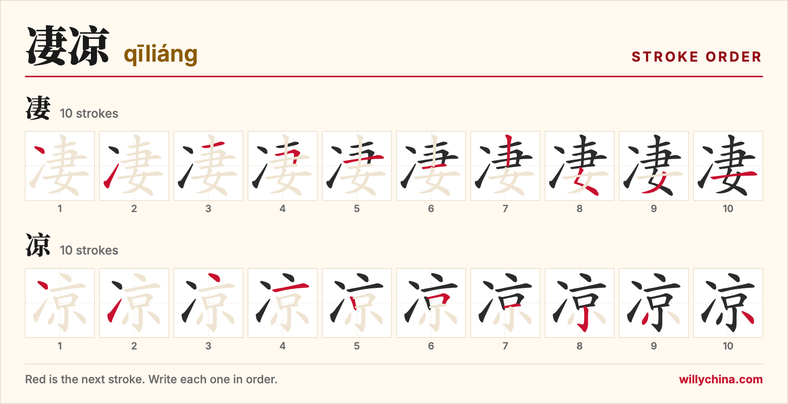 凄凉 (qīliáng) stroke order chart: each stroke of the characters in the order you write them