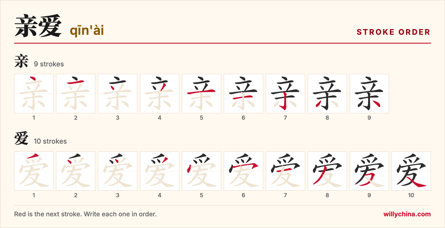 亲爱 (qīn'ài) stroke order chart: each stroke of the characters in the order you write them