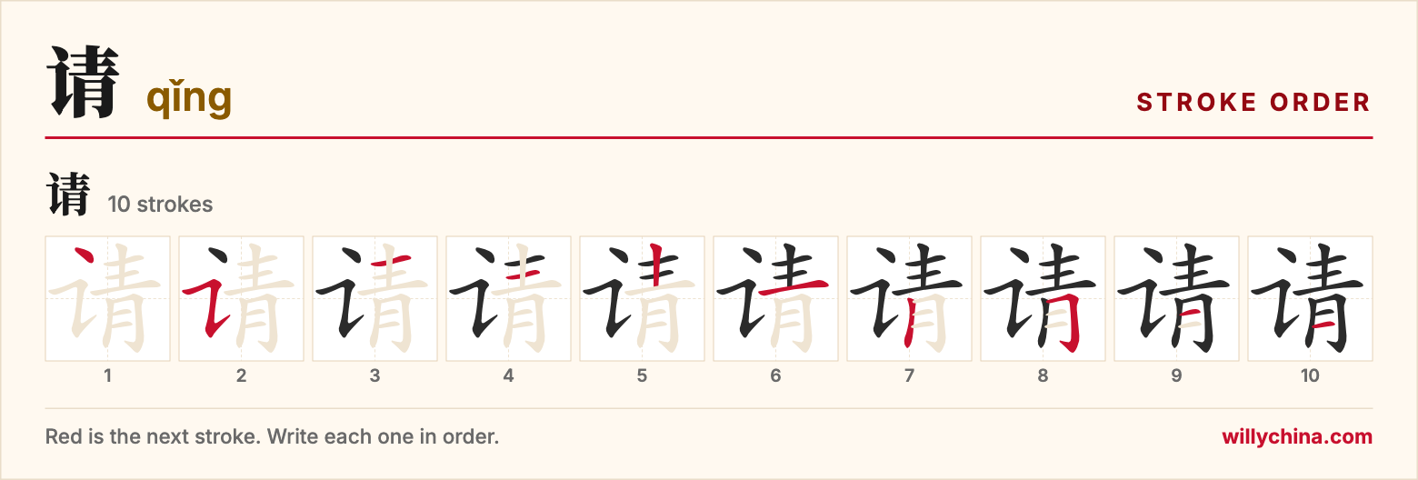 请 (qǐng) stroke order chart: each stroke of the character in the order you write it