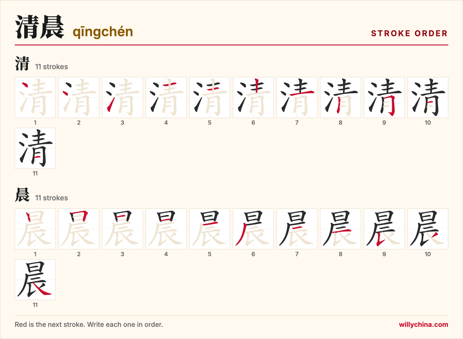 清晨 (qīngchén) stroke order chart: each stroke of the characters in the order you write them