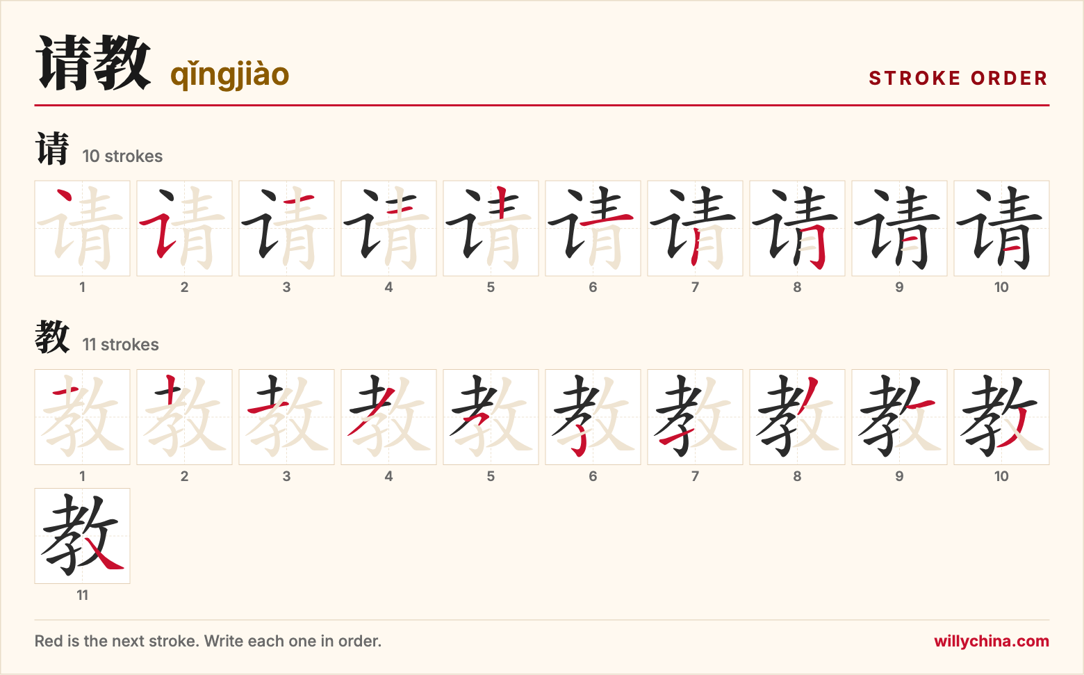 请教 (qǐngjiào) stroke order chart: each stroke of the characters in the order you write them