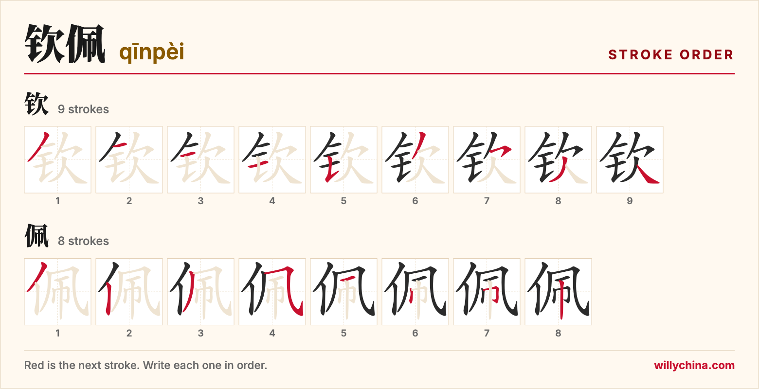 钦佩 (qīnpèi) stroke order chart: each stroke of the characters in the order you write them