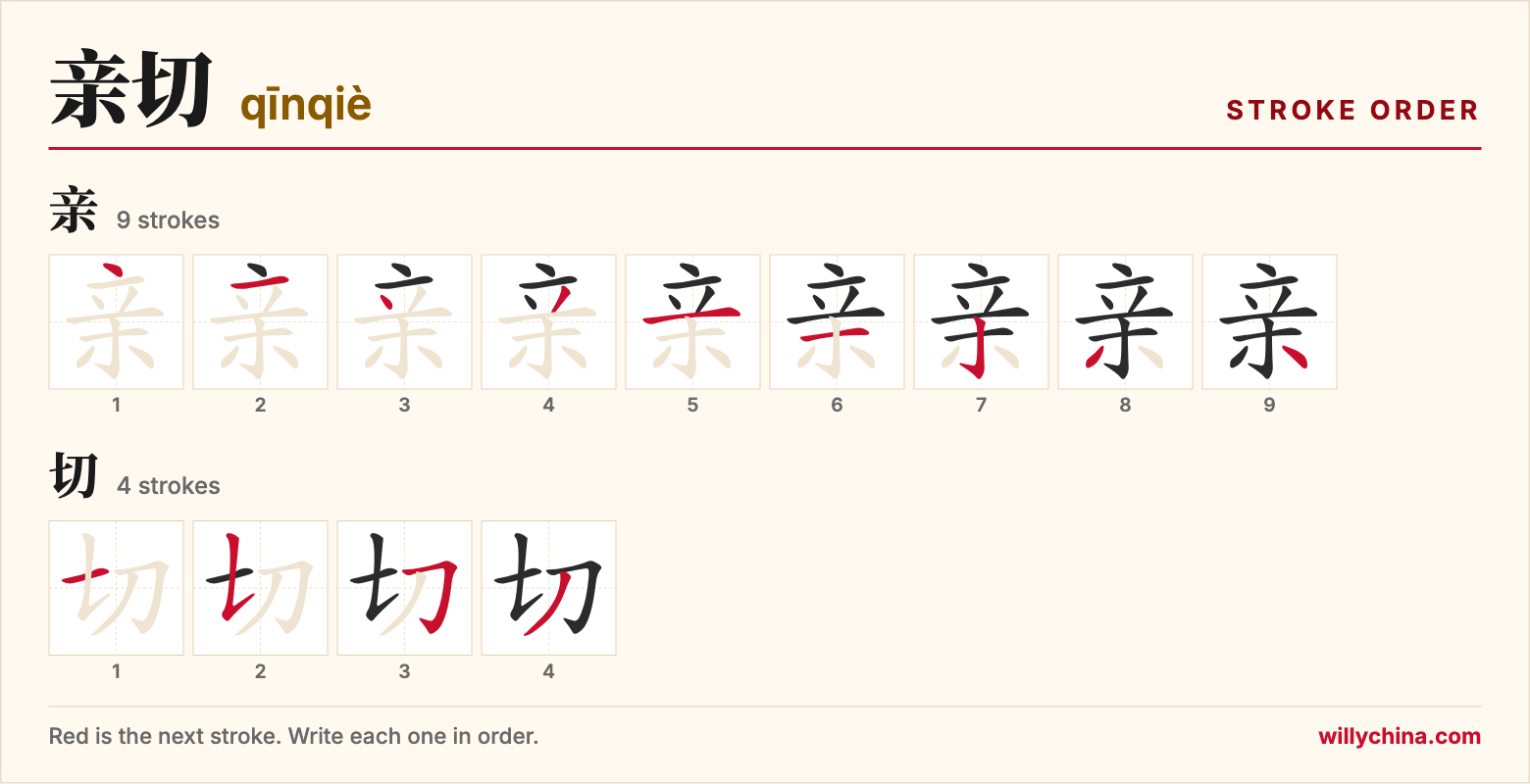 亲切 (qīnqiè) stroke order chart: each stroke of the characters in the order you write them