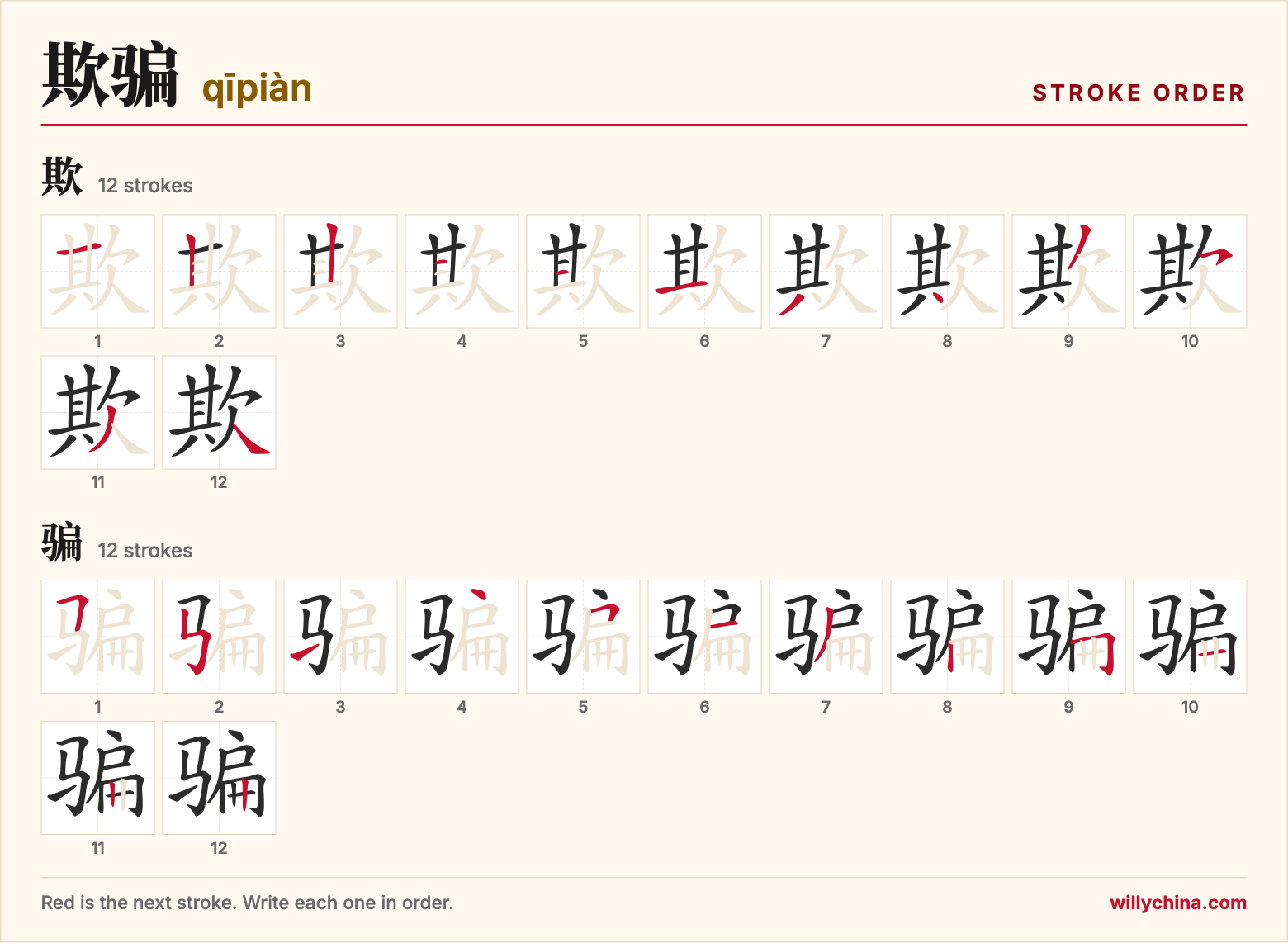 欺骗 (qīpiàn) stroke order chart: each stroke of the characters in the order you write them
