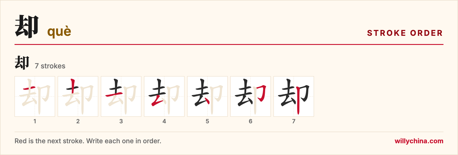 却 (què) stroke order chart: each stroke of the character in the order you write it