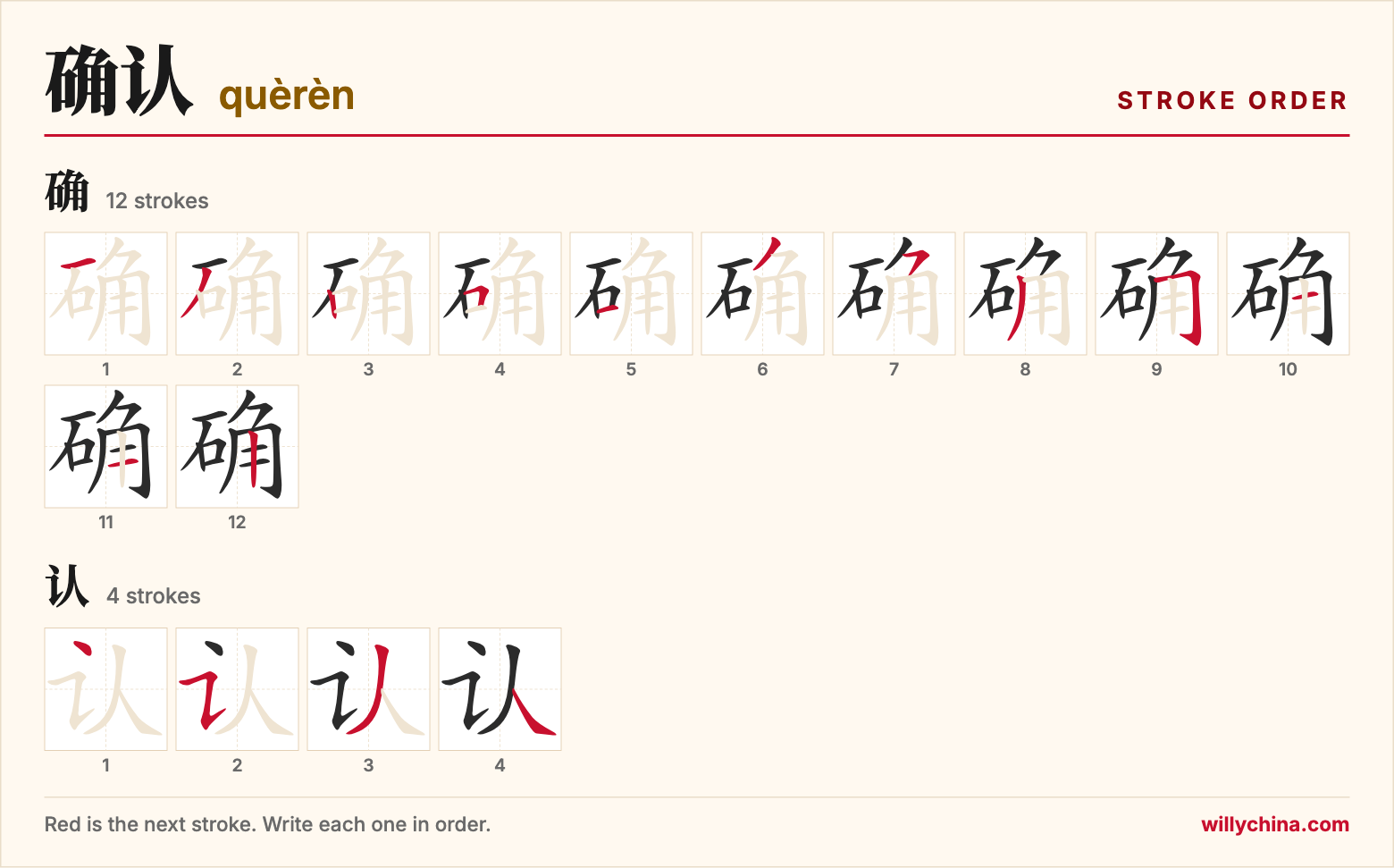 确认 (quèrèn) stroke order chart: each stroke of the characters in the order you write them