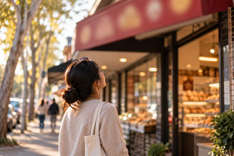 A young woman on a footpath, seen from behind, looking up at the awning of a Chinese bakery in late afternoon light.