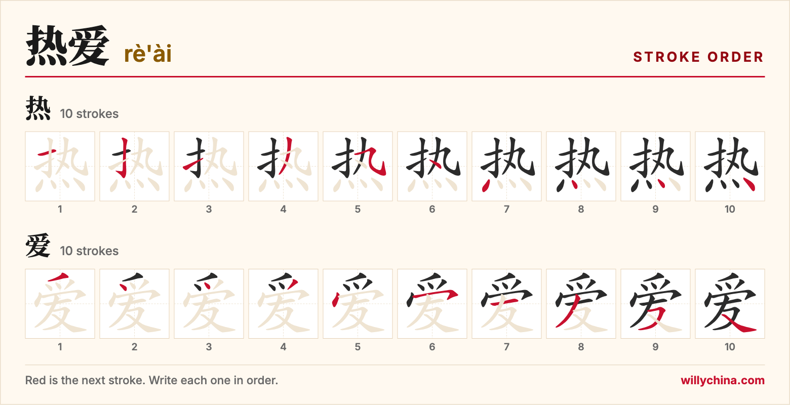 热爱 (rè'ài) stroke order chart: each stroke of the characters in the order you write them