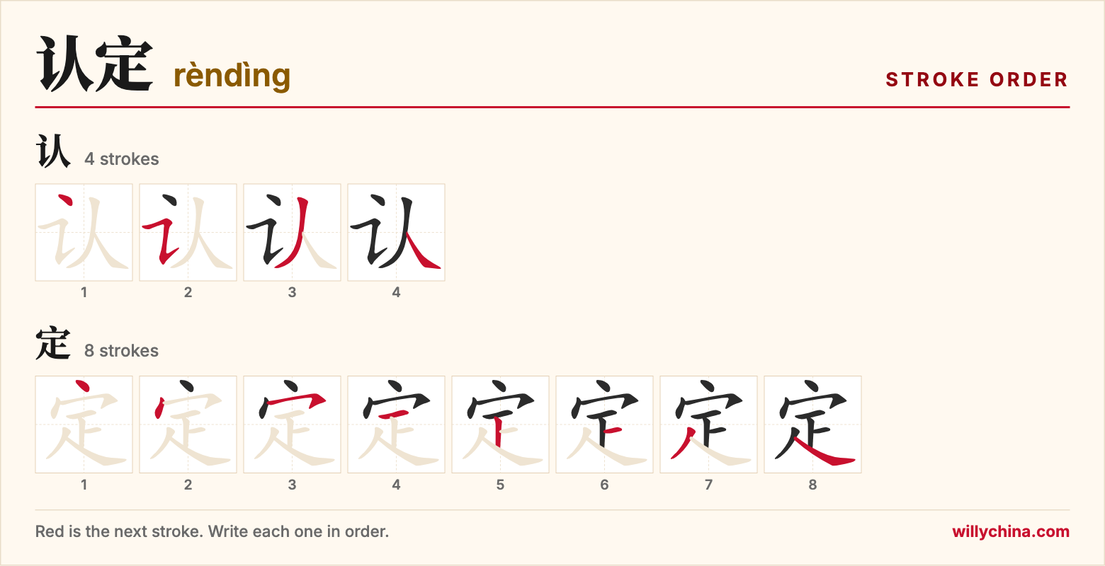 认定 (rèndìng) stroke order chart: each stroke of the characters in the order you write them