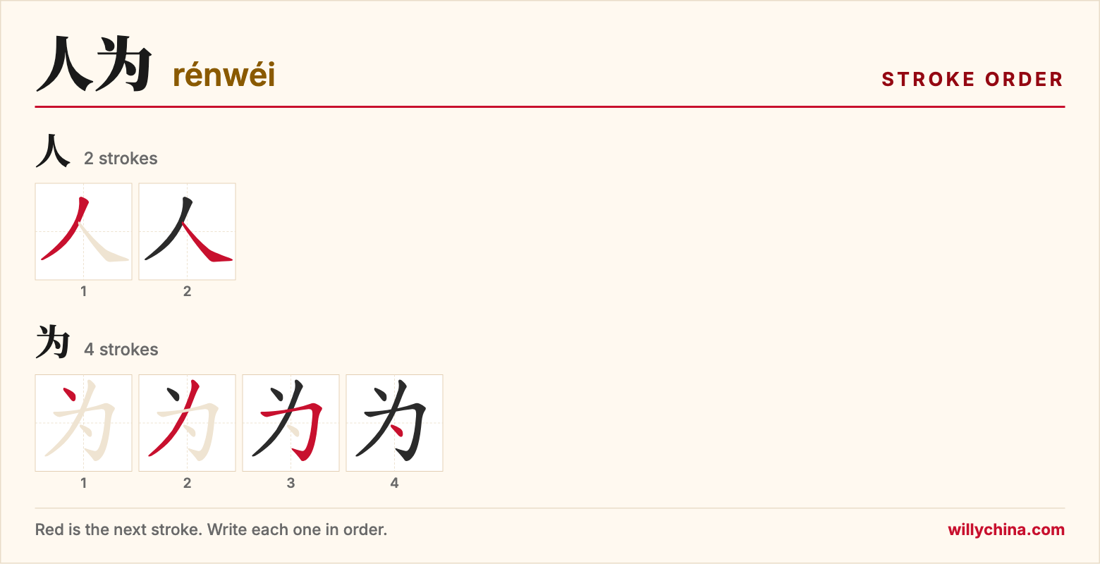 人为 (rénwéi) stroke order chart: each stroke of the characters in the order you write them