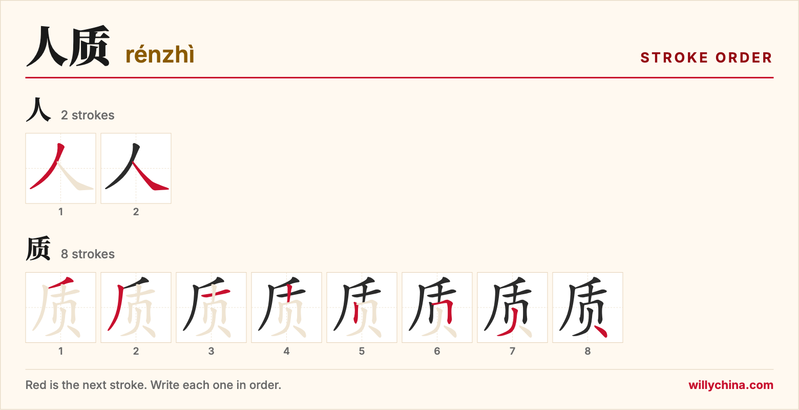 人质 (rénzhì) stroke order chart: each stroke of the characters in the order you write them