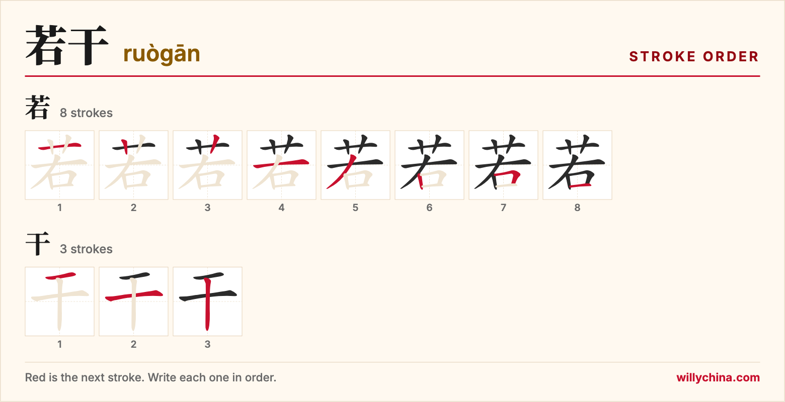 若干 (ruògān) stroke order chart: each stroke of the characters in the order you write them