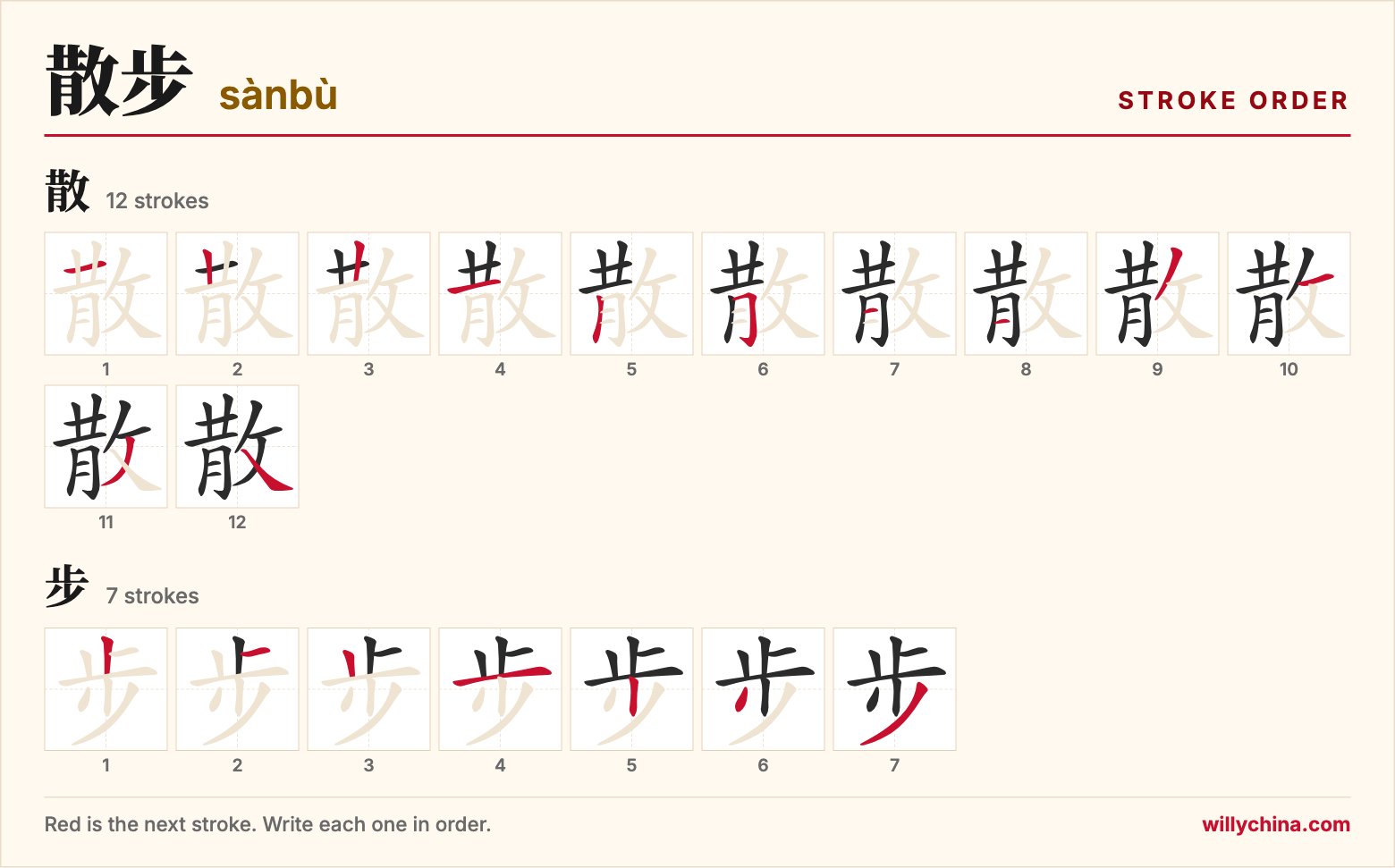 散步 (sànbù) stroke order chart: each stroke of the characters in the order you write them