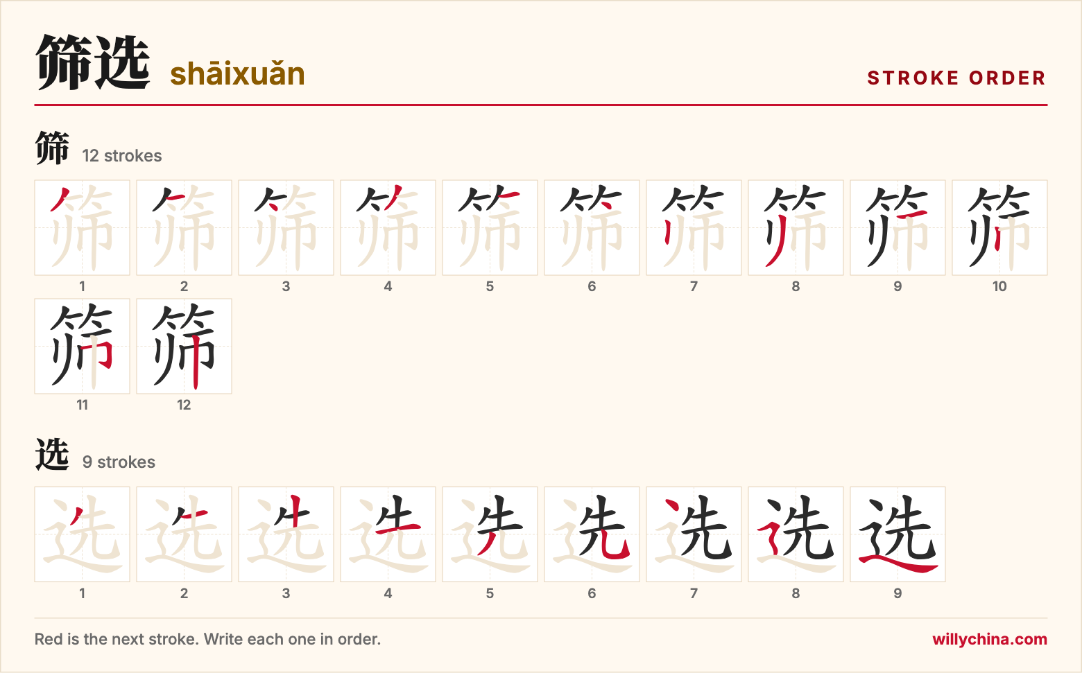 筛选 (shāixuǎn) stroke order chart: each stroke of the characters in the order you write them