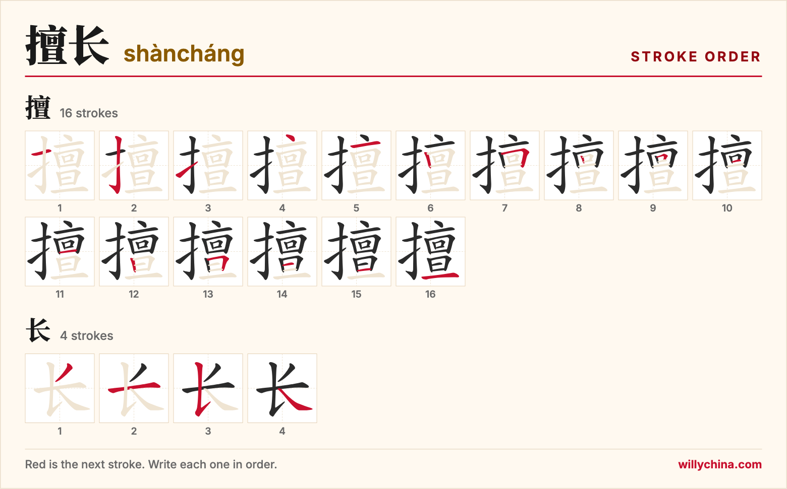 擅长 (shàncháng) stroke order chart: each stroke of the characters in the order you write them