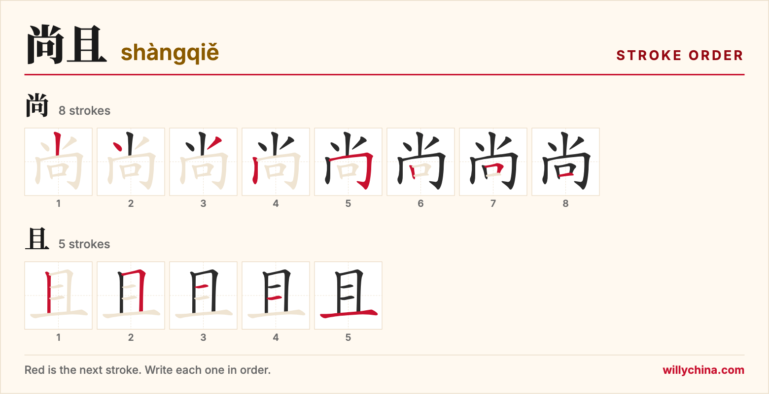 尚且 (shàngqiě) stroke order chart: each stroke of the characters in the order you write them