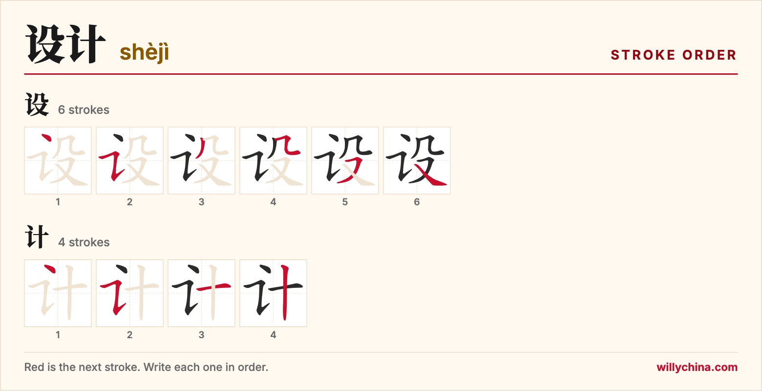 设计 (shèjì) stroke order chart: each stroke of the characters in the order you write them