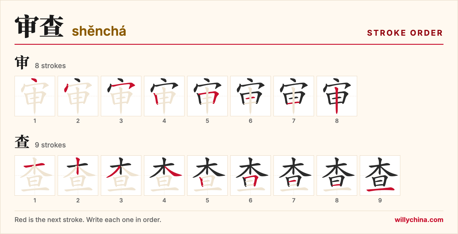审查 (shěnchá) stroke order chart: each stroke of the characters in the order you write them