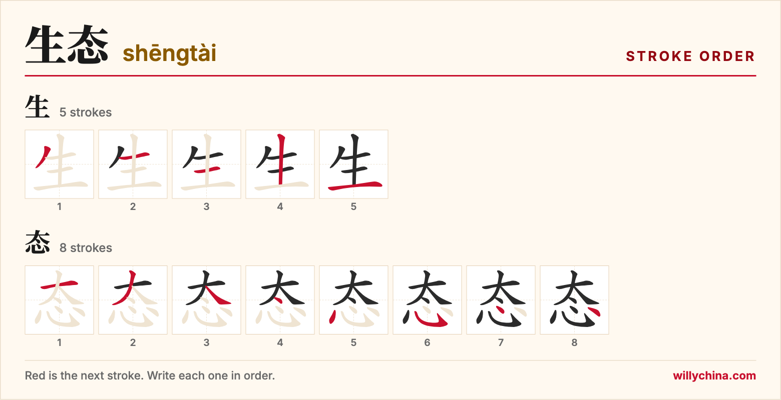 生态 (shēngtài) stroke order chart: each stroke of the characters in the order you write them