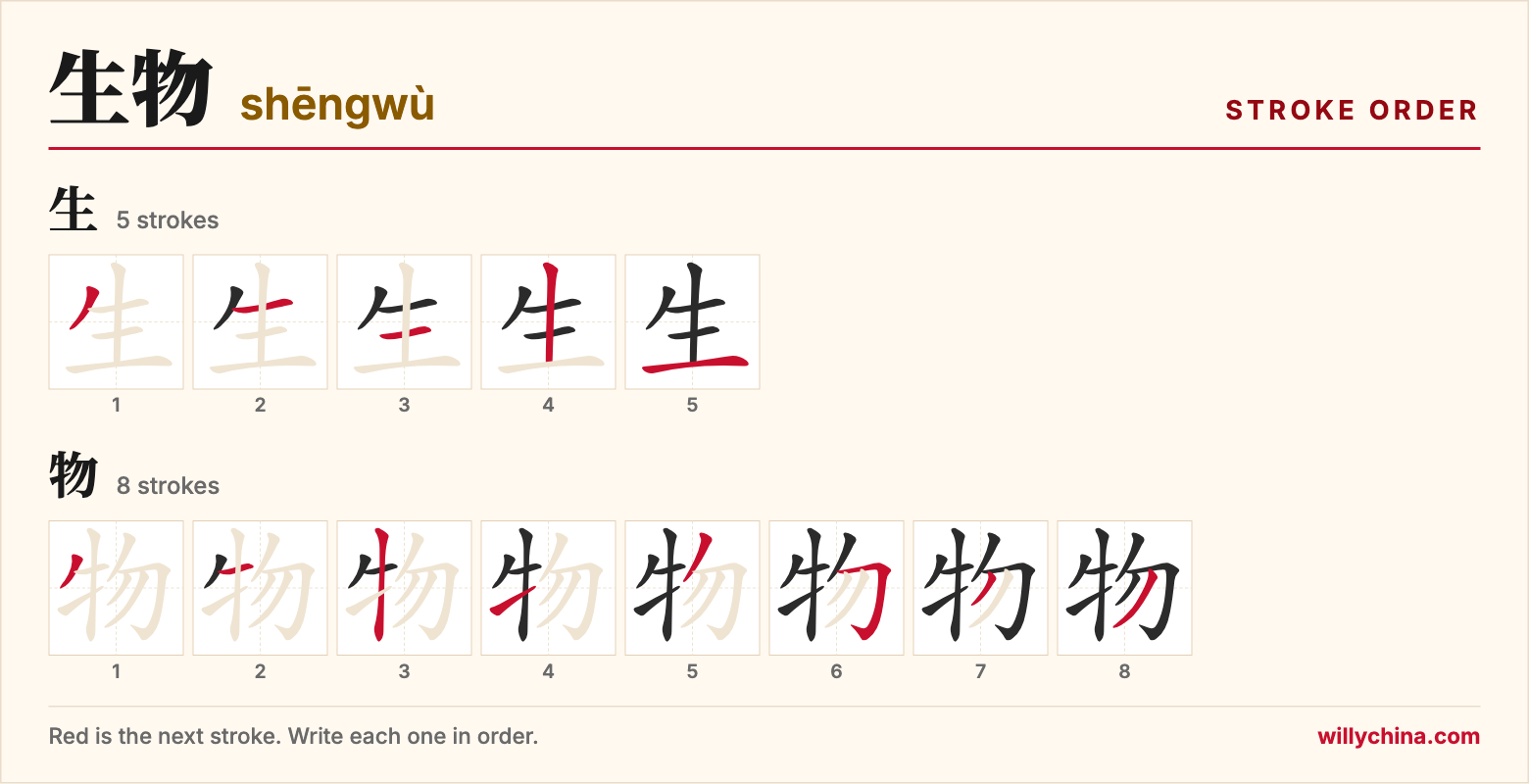 生物 (shēngwù) stroke order chart: each stroke of the characters in the order you write them