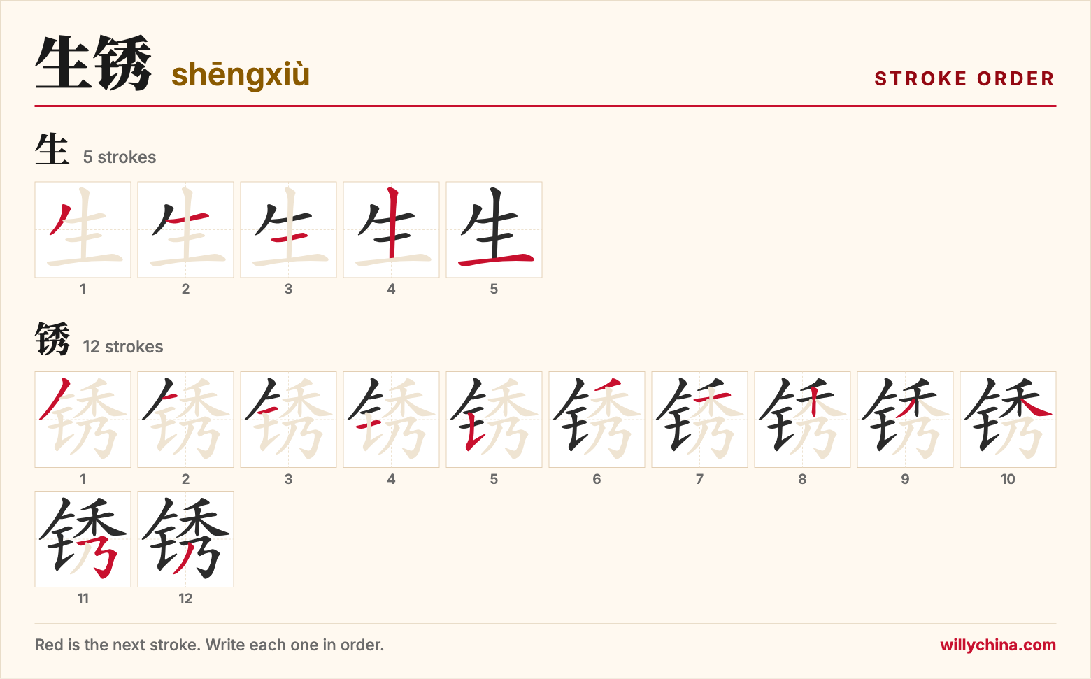生锈 (shēngxiù) stroke order chart: each stroke of the characters in the order you write them