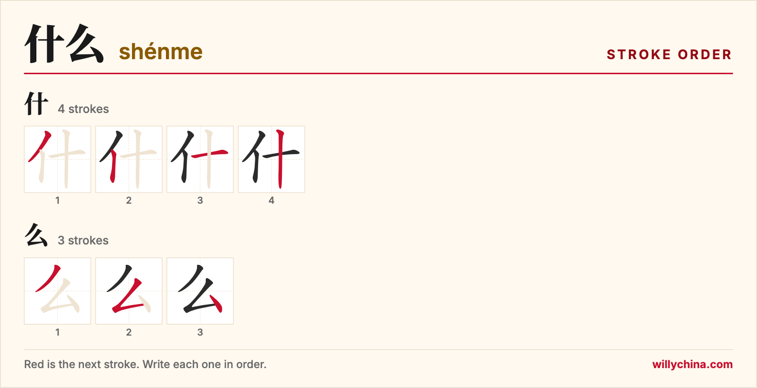 什么 (shénme) stroke order chart: each stroke of the characters in the order you write them