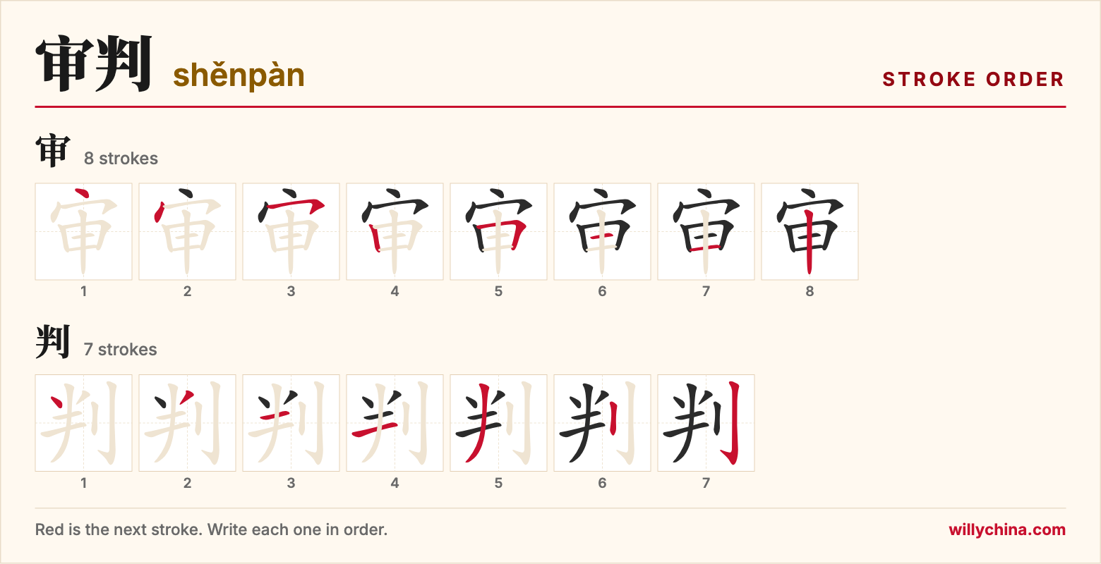 审判 (shěnpàn) stroke order chart: each stroke of the characters in the order you write them