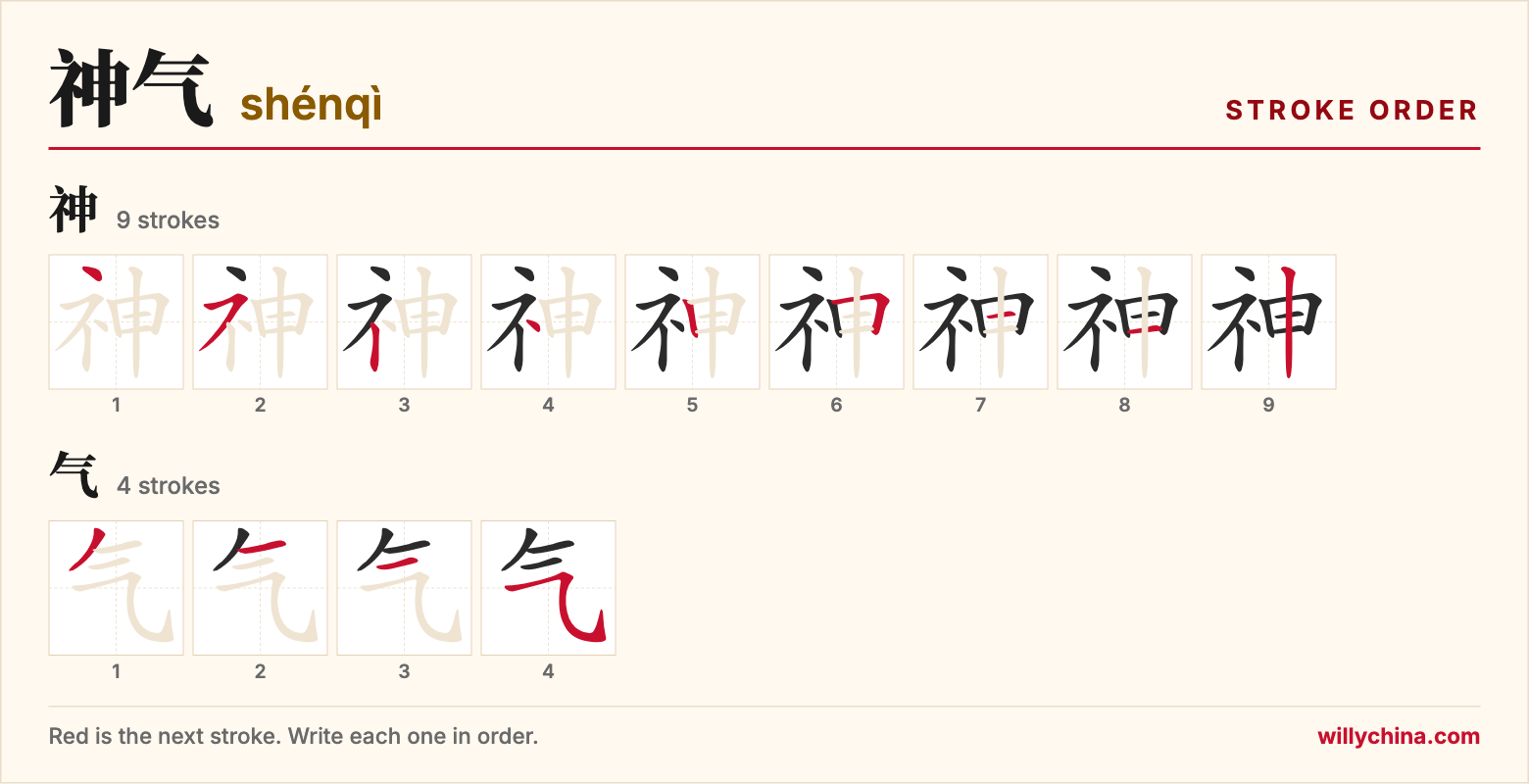 神气 (shénqì) stroke order chart: each stroke of the characters in the order you write them