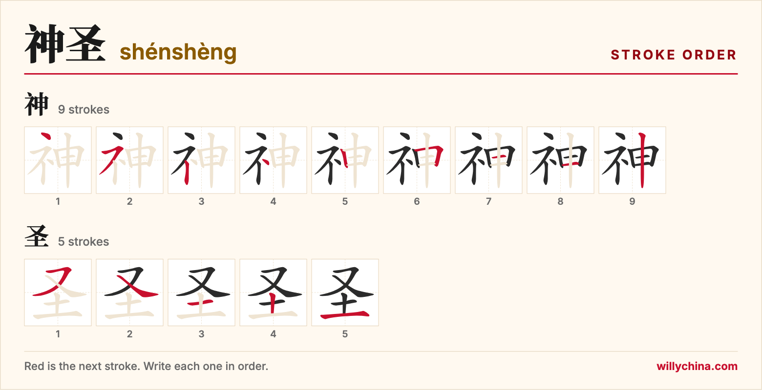 神圣 (shénshèng) stroke order chart: each stroke of the characters in the order you write them