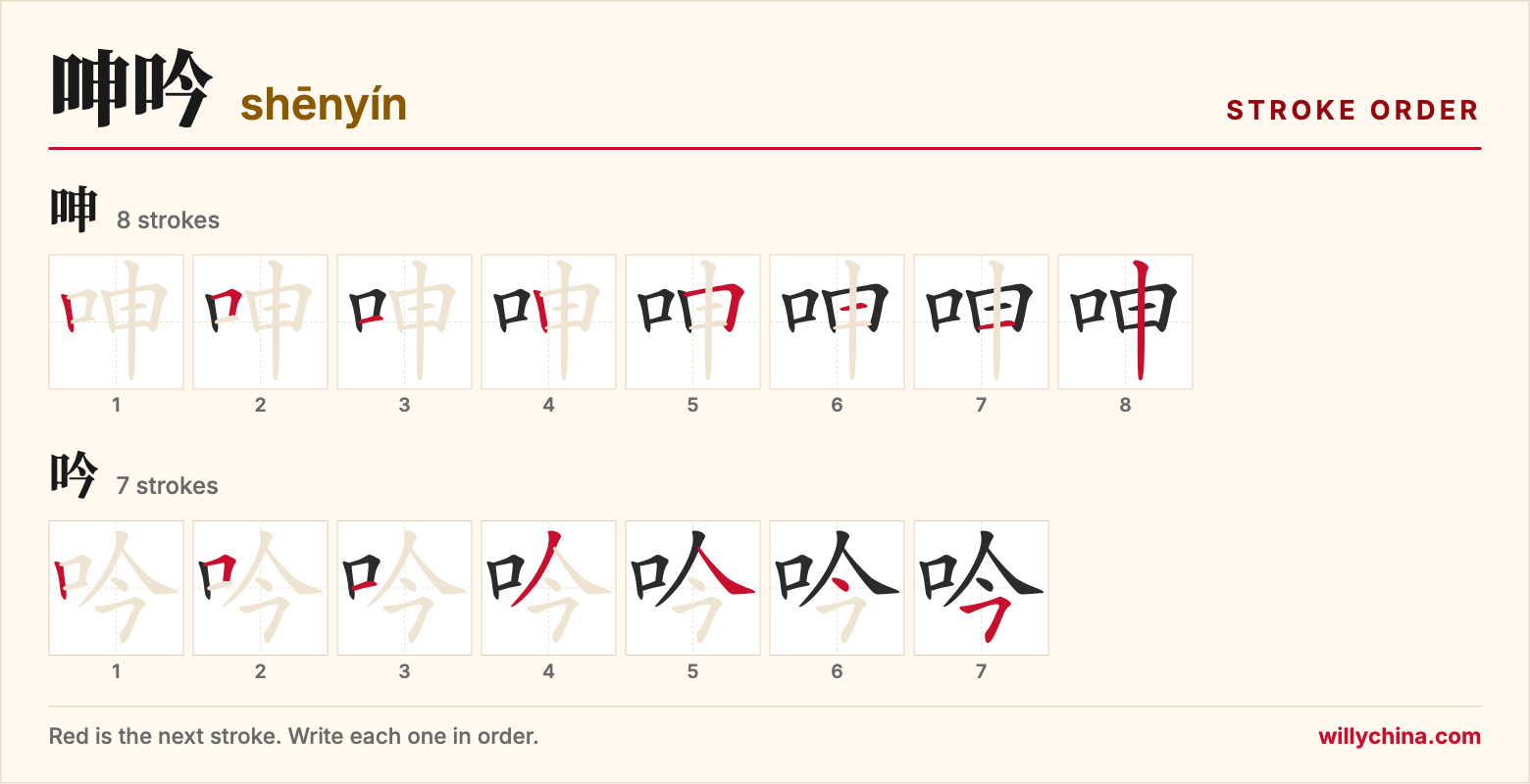 呻吟 (shēnyín) stroke order chart: each stroke of the characters in the order you write them