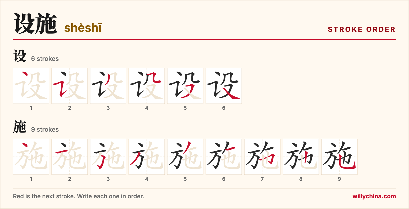 设施 (shèshī) stroke order chart: each stroke of the characters in the order you write them