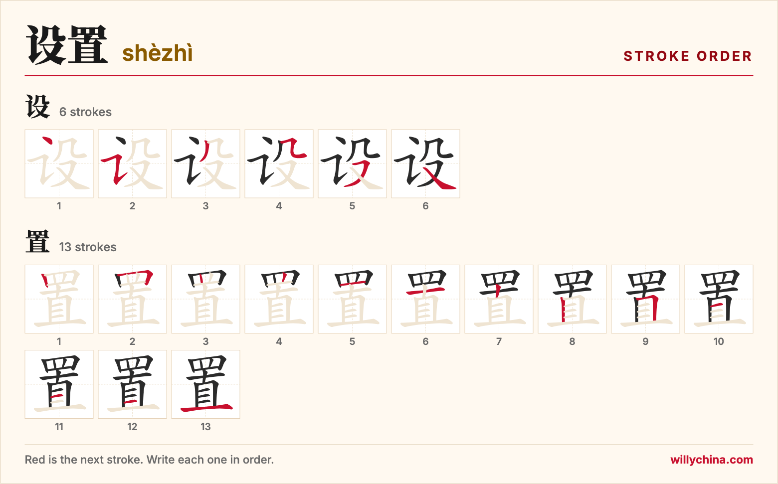 设置 (shèzhì) stroke order chart: each stroke of the characters in the order you write them