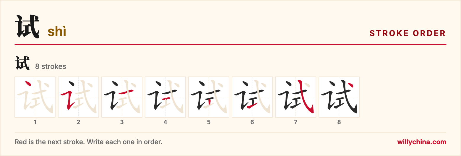 试 (shì) stroke order chart: each stroke of the character in the order you write it