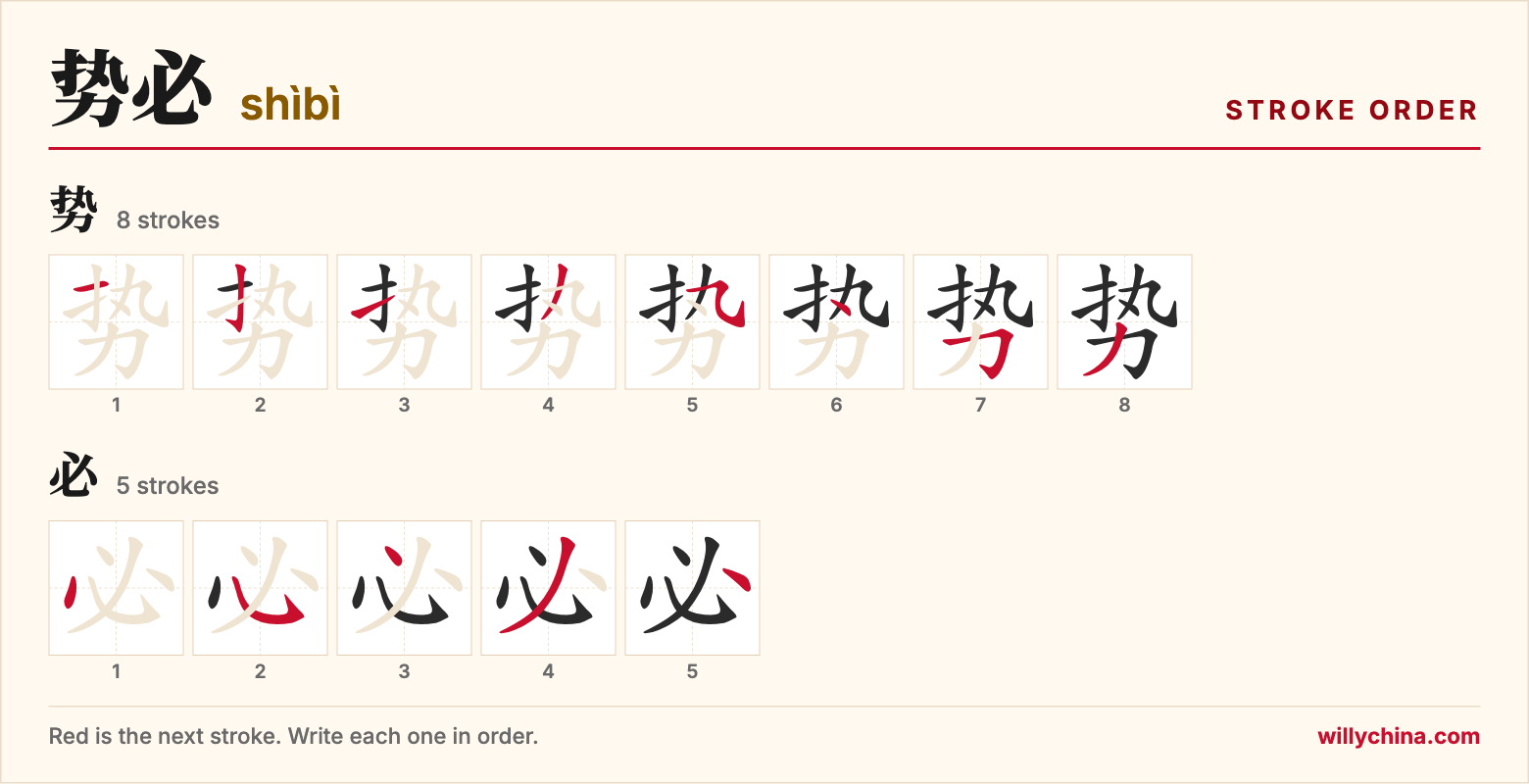 势必 (shìbì) stroke order chart: each stroke of the characters in the order you write them