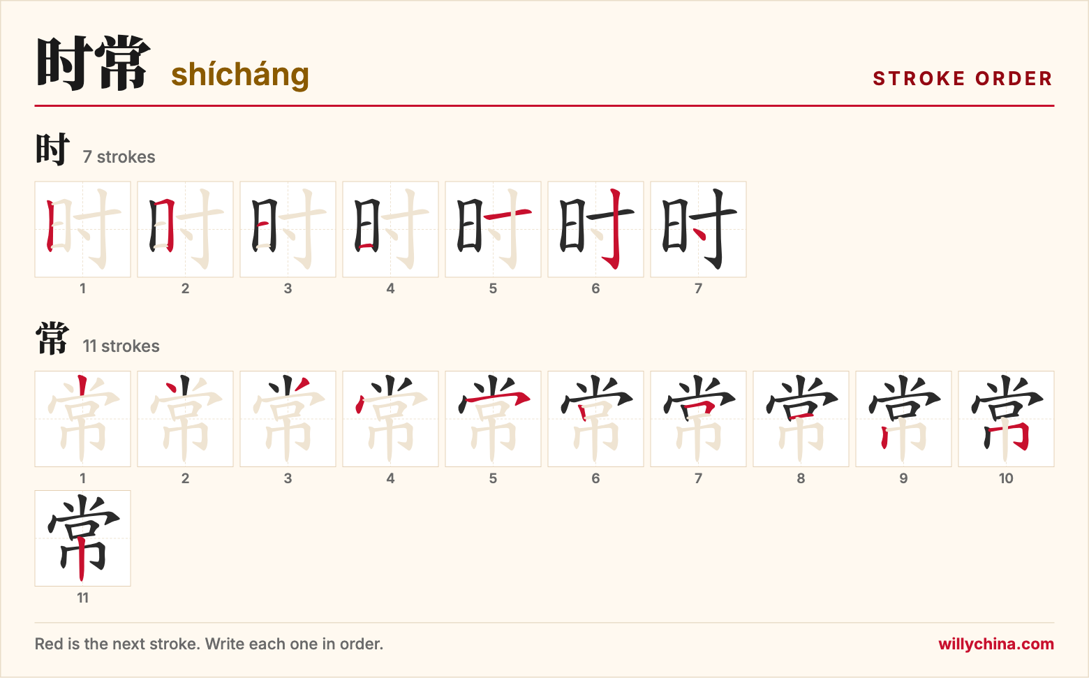 时常 (shícháng) stroke order chart: each stroke of the characters in the order you write them