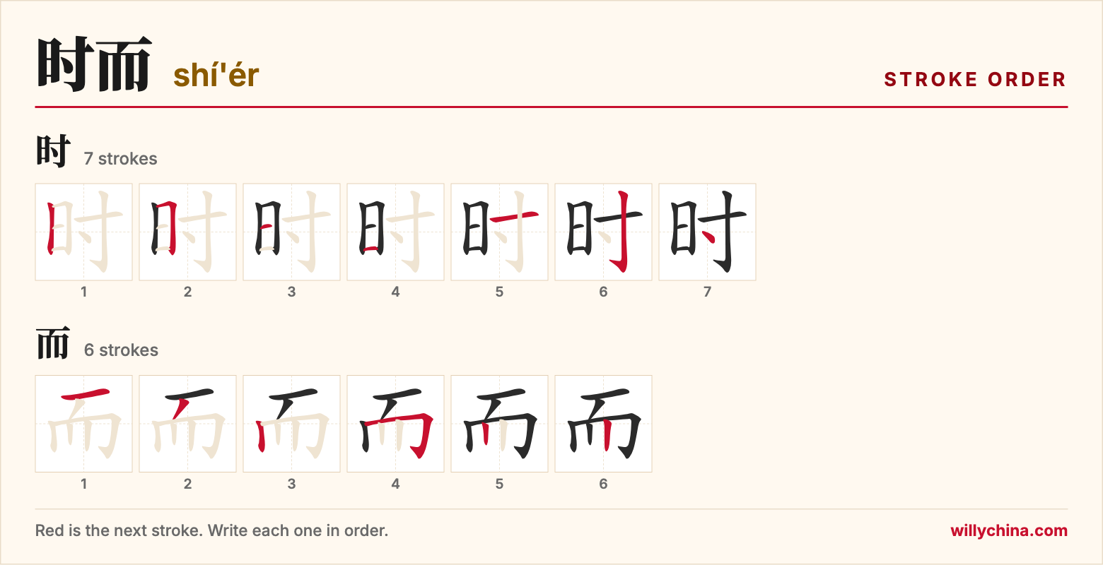 时而 (shí'ér) stroke order chart: each stroke of the characters in the order you write them