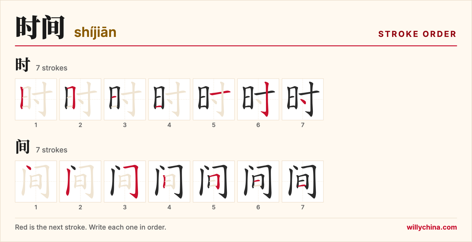 时间 (shíjiān) stroke order chart: each stroke of the characters in the order you write them