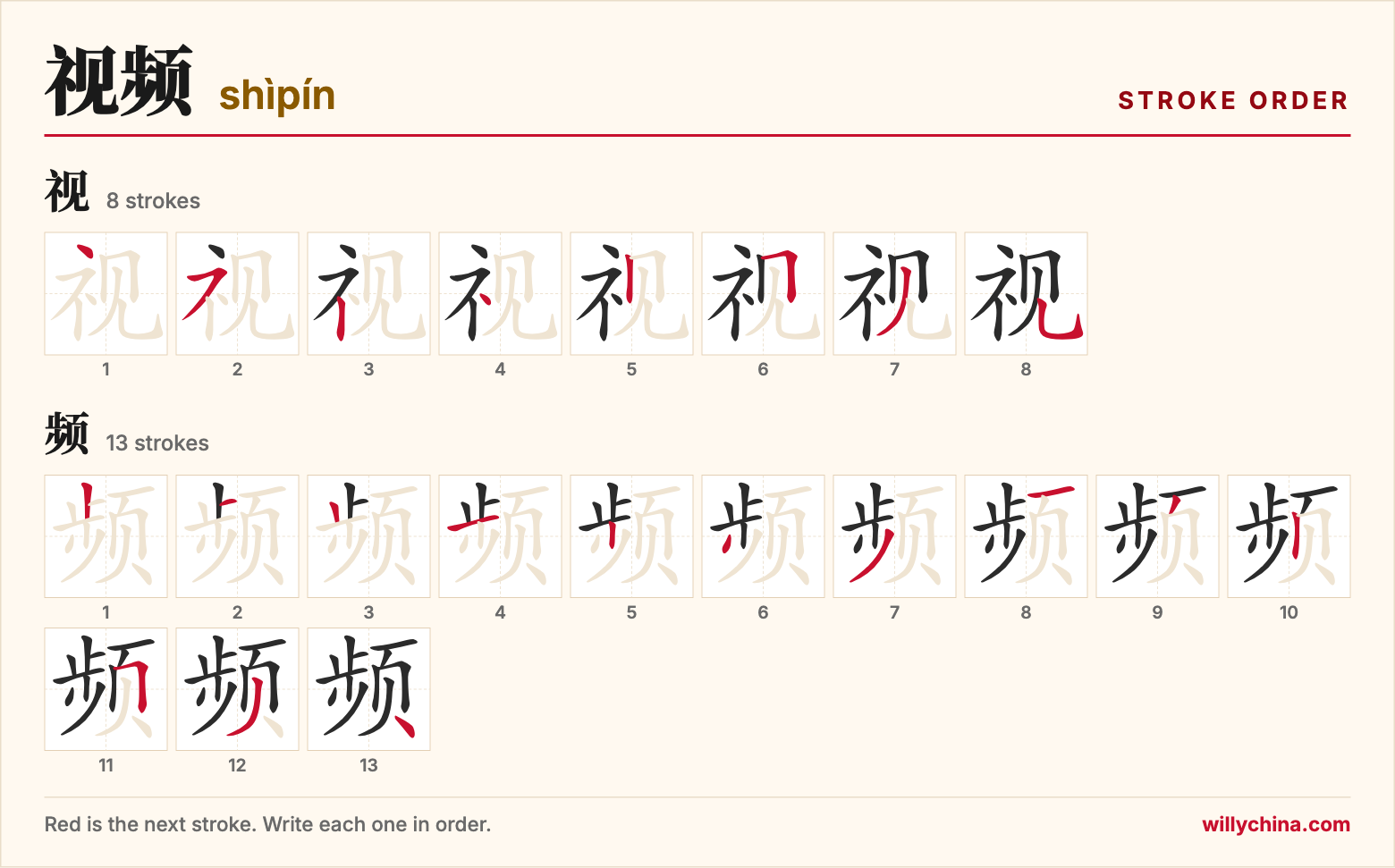 视频 (shìpín) stroke order chart: each stroke of the characters in the order you write them