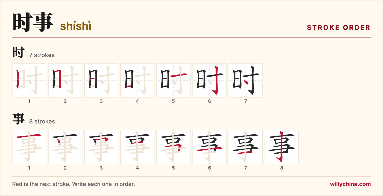 时事 (shíshì) stroke order chart: each stroke of the characters in the order you write them