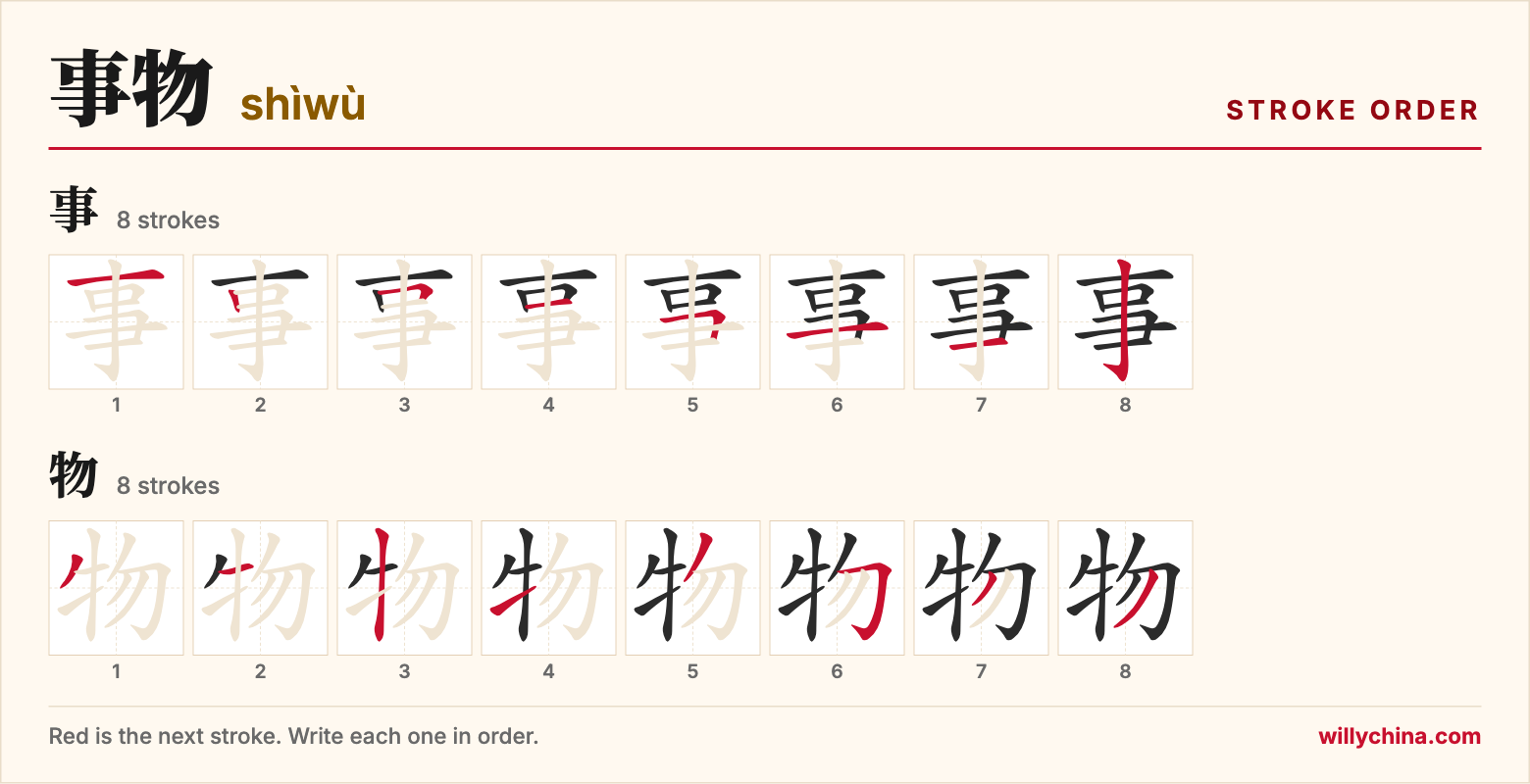 事物 (shìwù) stroke order chart: each stroke of the characters in the order you write them