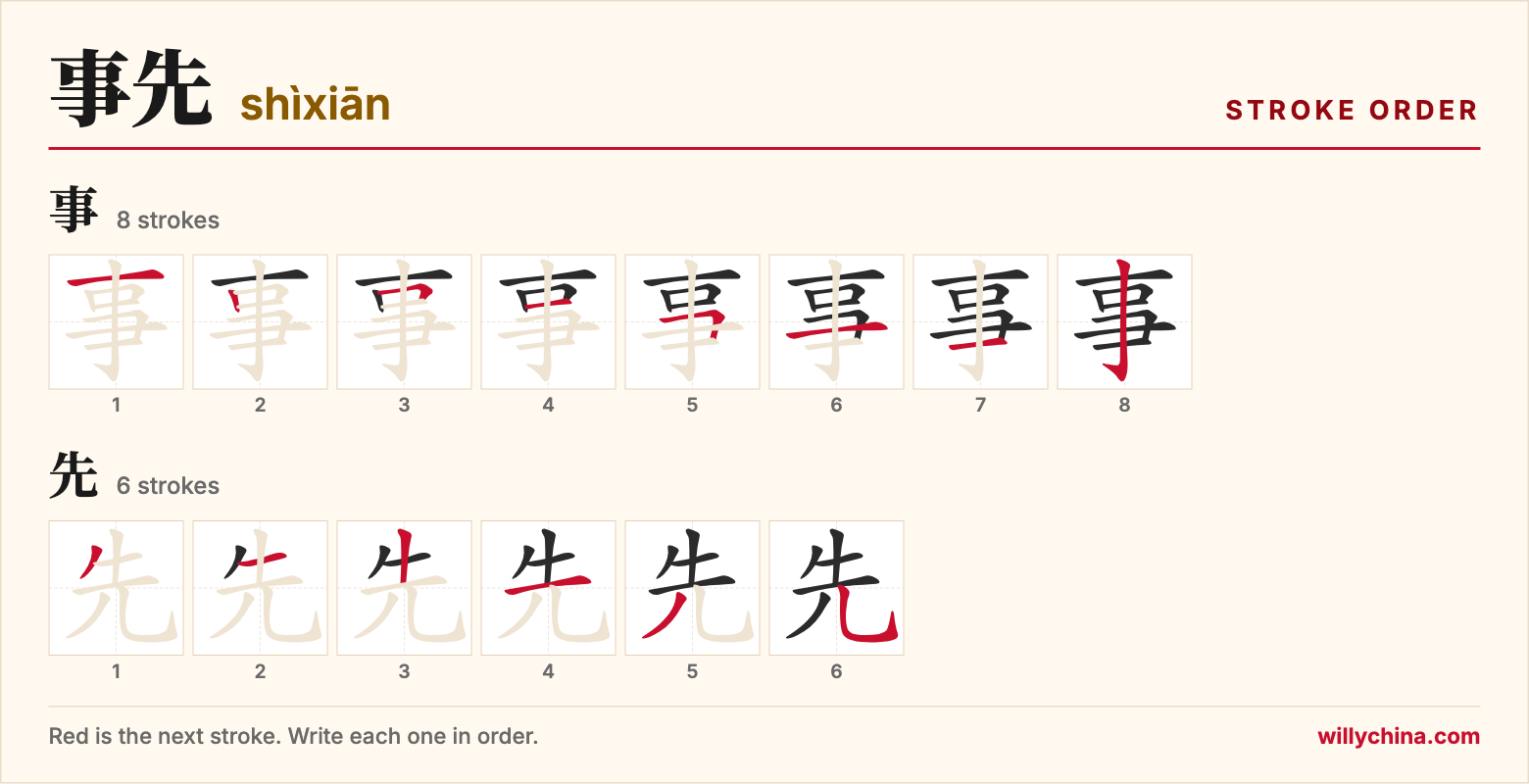事先 (shìxiān) stroke order chart: each stroke of the characters in the order you write them
