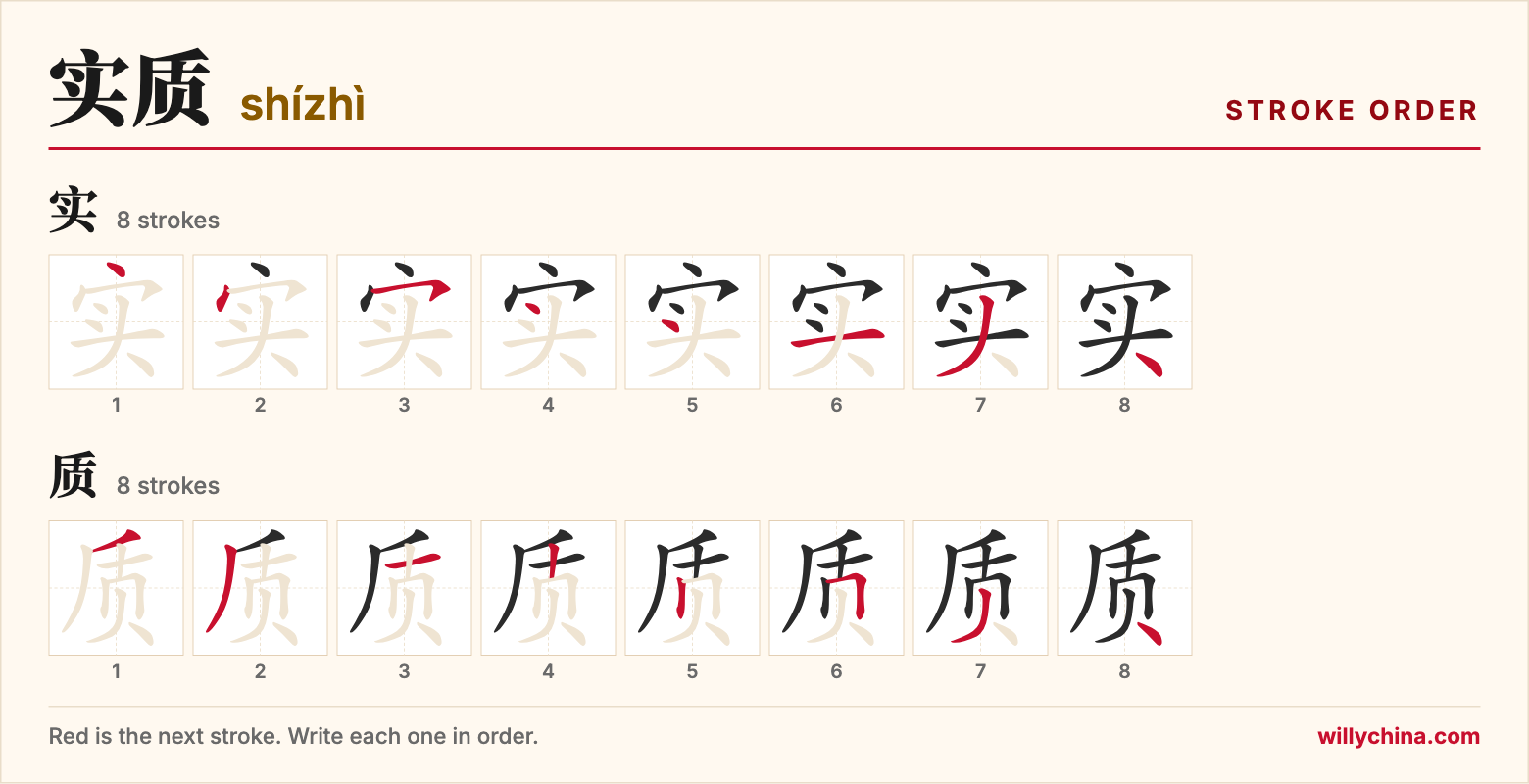 实质 (shízhì) stroke order chart: each stroke of the characters in the order you write them