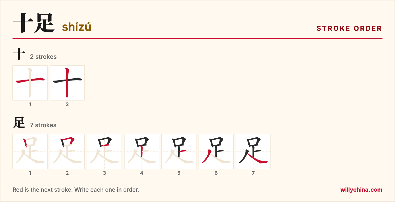 十足 (shízú) stroke order chart: each stroke of the characters in the order you write them