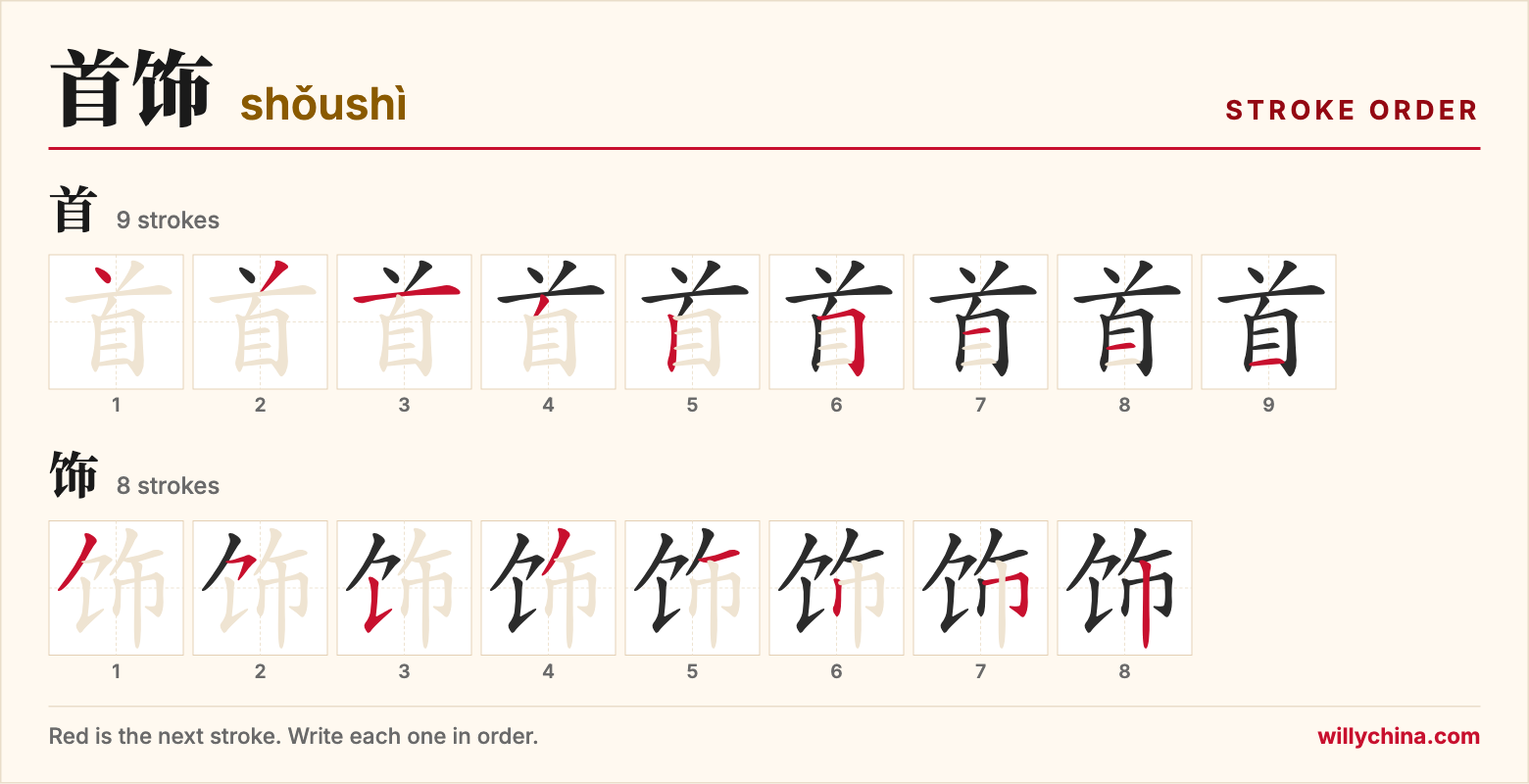 首饰 (shǒushì) stroke order chart: each stroke of the characters in the order you write them