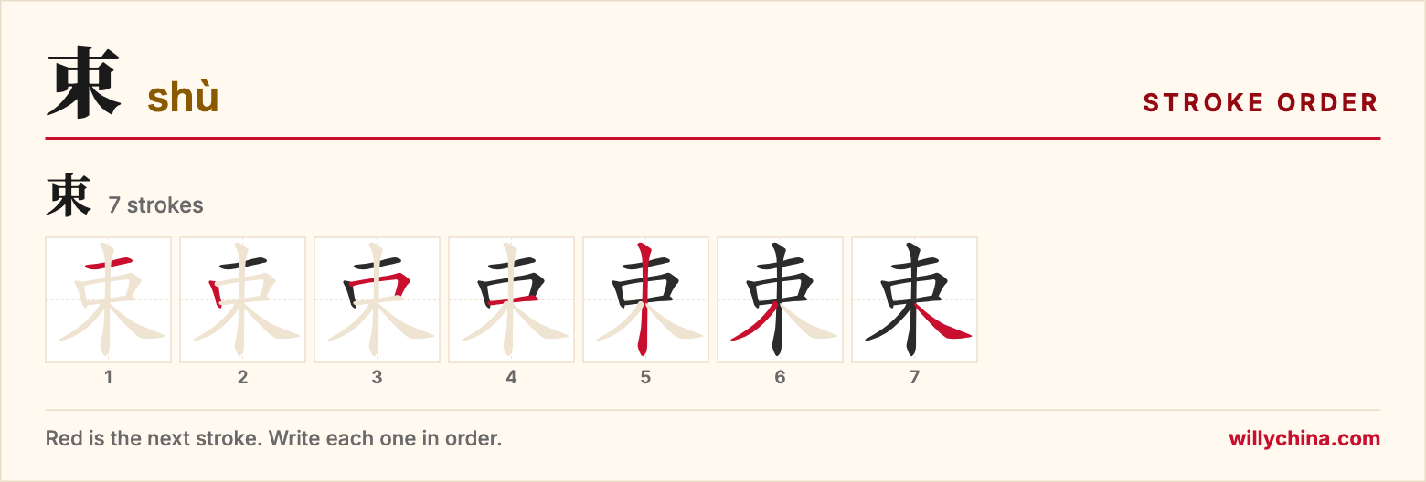 束 (shù) stroke order chart: each stroke of the character in the order you write it