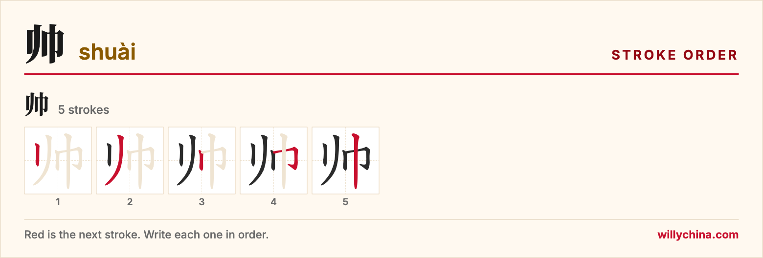 帅 (shuài) stroke order chart: each stroke of the character in the order you write it
