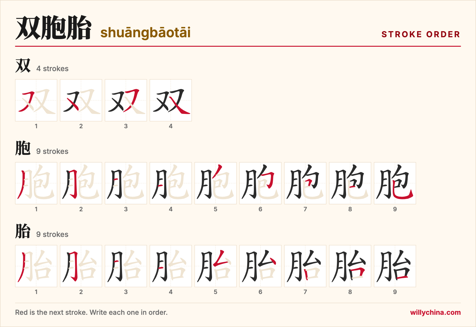双胞胎 (shuāngbāotāi) stroke order chart: each stroke of the characters in the order you write them